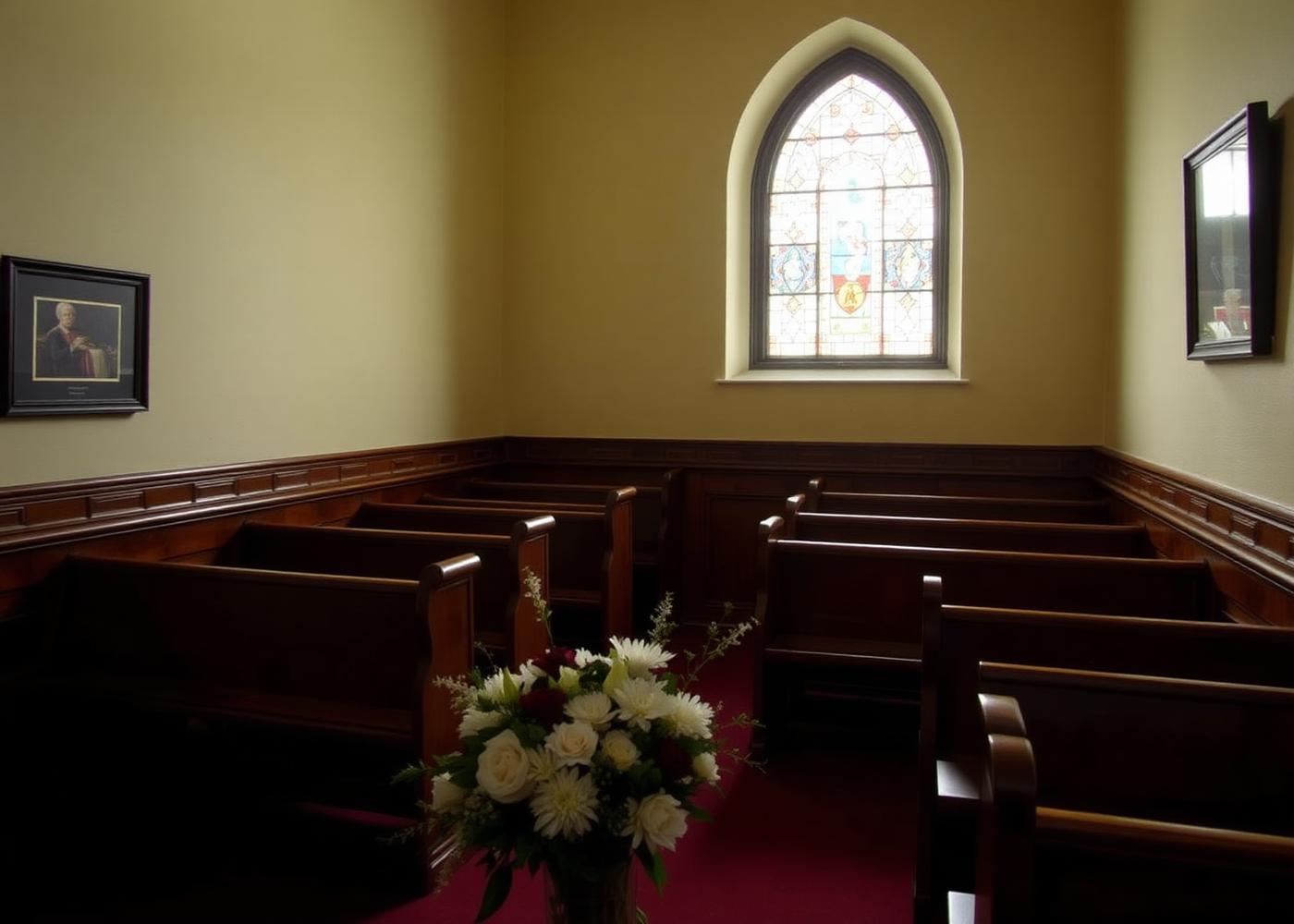 Interior of the private service chapel at JW Binks, with wooden pews and a stained glass window